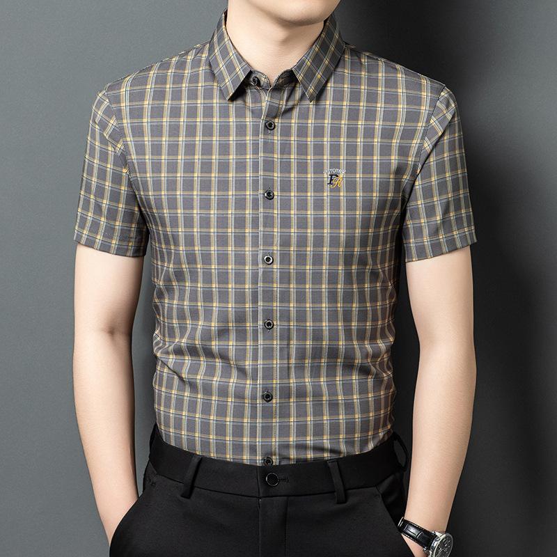 New short-sleeved shirt men's summer high-end business men's plaid casual shirt middle-aged light luxury fashion top
