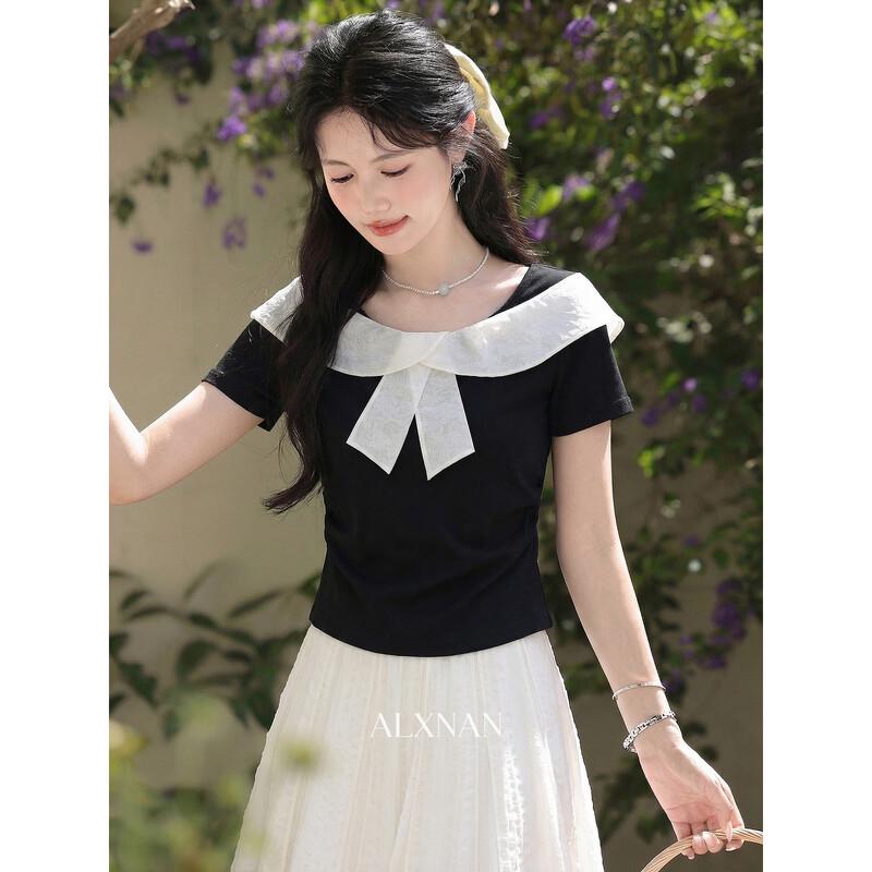 Elegant French Style Black Short Sleeve T-Shirt S