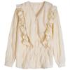 Women's Ruffled Solid Color Shirt V-neck Single Breasted Bubble Sleeve Pleated Ladies Blouses French Version Loose Casual Woman Top
