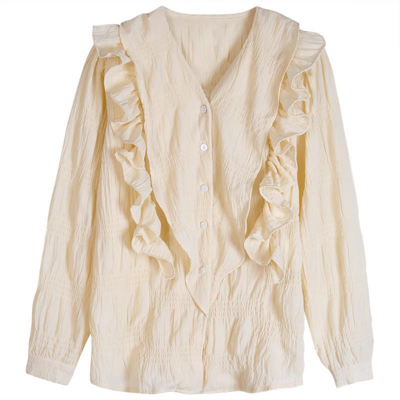 Women's Ruffled Solid Color Shirt V-neck Single Breasted Bubble Sleeve Pleated Ladies Blouses French Version Loose Casual Woman Top