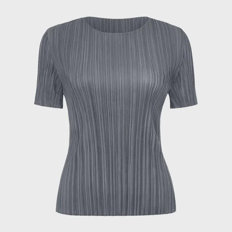 Pleated Short Sleeve Women's Casual Solid Color Summer T-shirt, Comfortable Basic 2025 Collection