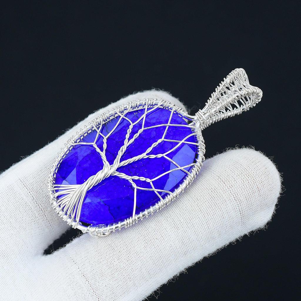 Pendentif Saphir Bleu Pierre Précieuse, Pendentif Fait Main en Argent Sterling 925, Bijou Saphir Fil Enveloppé, Bijou Arbre de Vie Fil Enveloppé