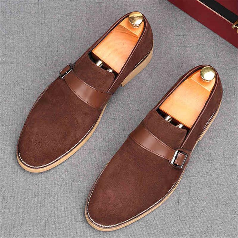 Fashion Fashion New Men's Pointed Genuine Leather Flats Monk Strap Shoes Brown Yellow Designer Male Homecoming Wedding Dress Footwear