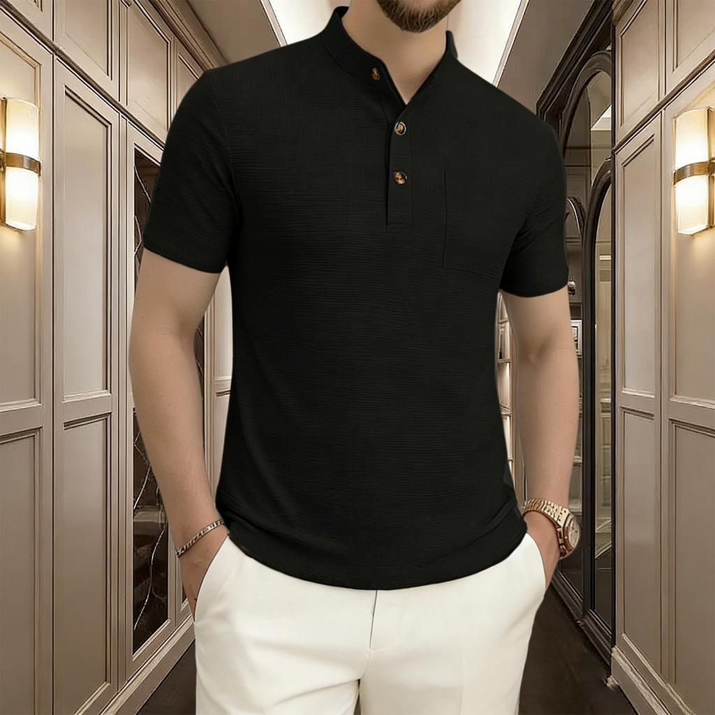 Men’s Short Sleeve Henley Shirt with Pocket Ribbed Knit Stand Collar Button Front Modern Fit Soft Lightweight Top