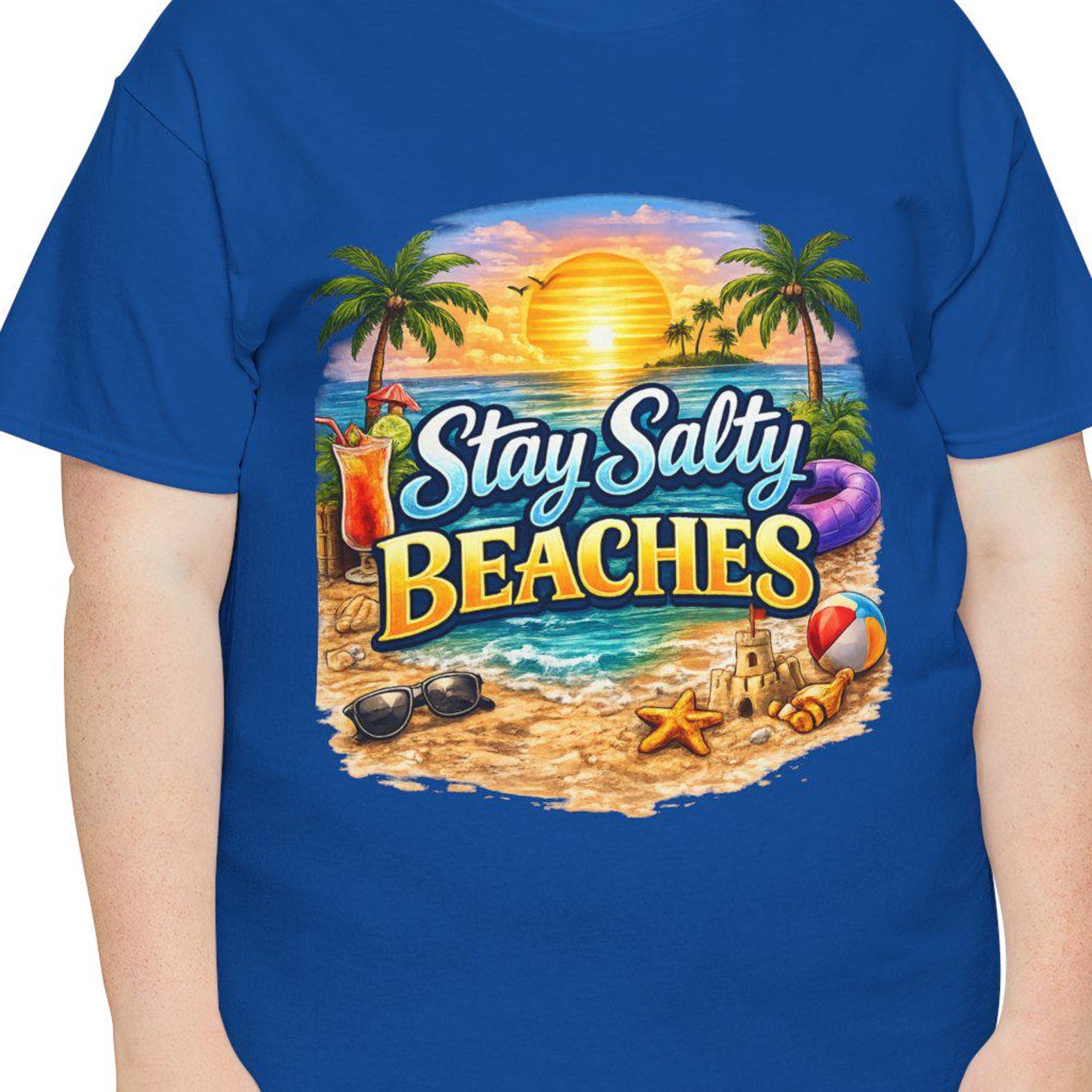 Stay Salty Beaches T-Shirt | Beach Sunset Palm Tree Surf Shells L