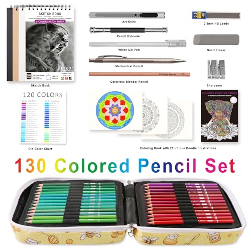 HIFORNY 130 Colored Pencil Set for Adult Coloring Books – 120 Colors with 3 Color Sketchbooks, 0.5mm Mechanical Pencils, and Colorless Blending