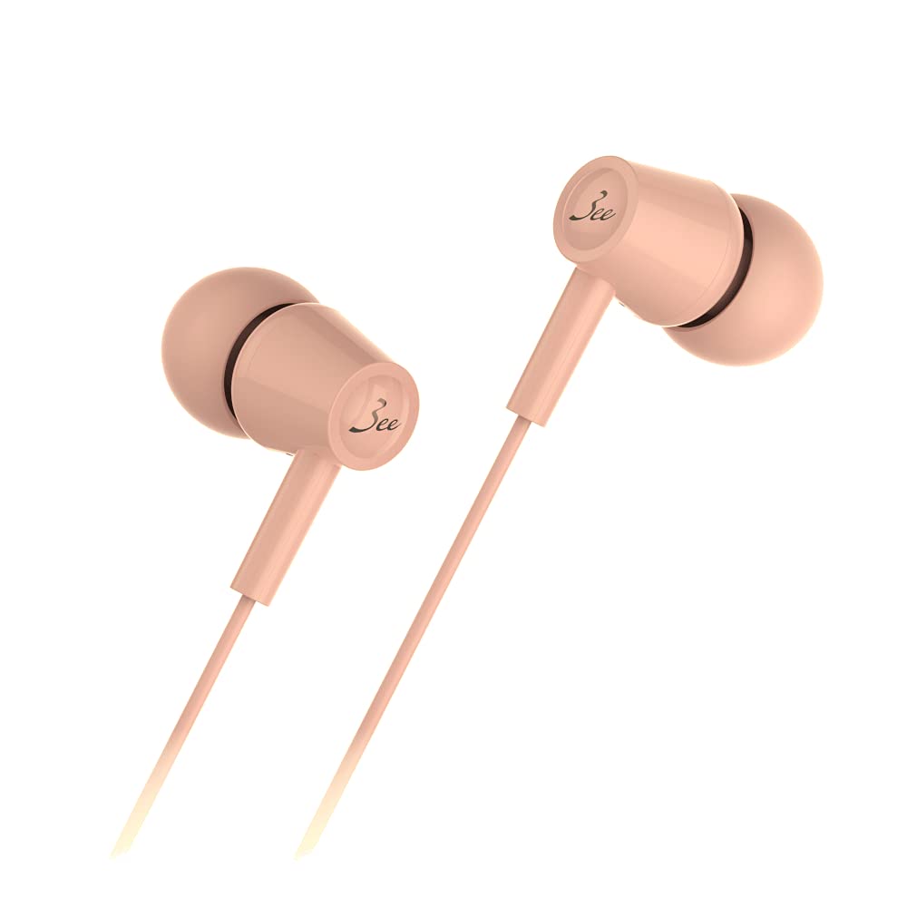 3ee UAG01 Wired Earphones, Closed-Back, 1.2m, Dynamic Type with Microphone, Voice Recognition (Siri, Google Assistant), Black (Light Pink), Medium
