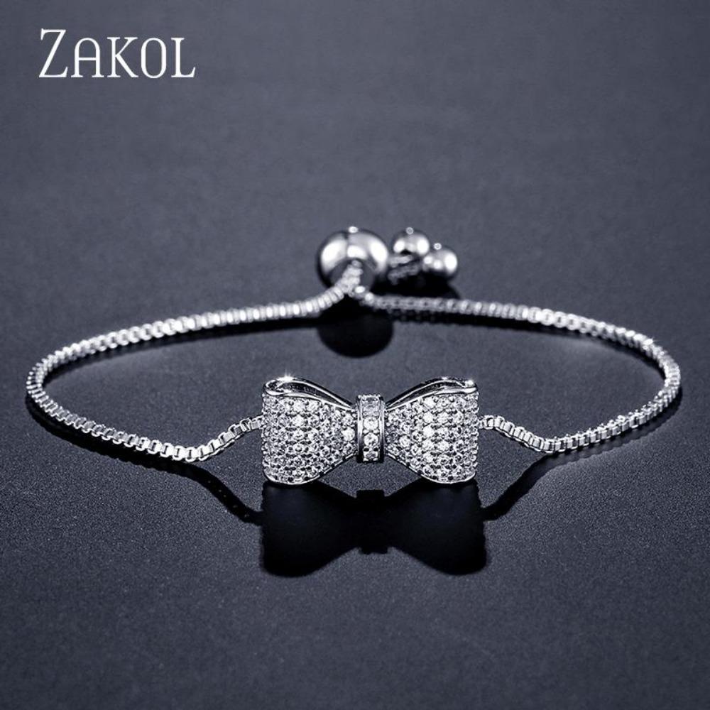 Lucky Star Jewelry Women's Zakol Fashion Bow Zirconia Crystal Adjustable Bracelet & Bangle For Brilliant Cz Party Zircon