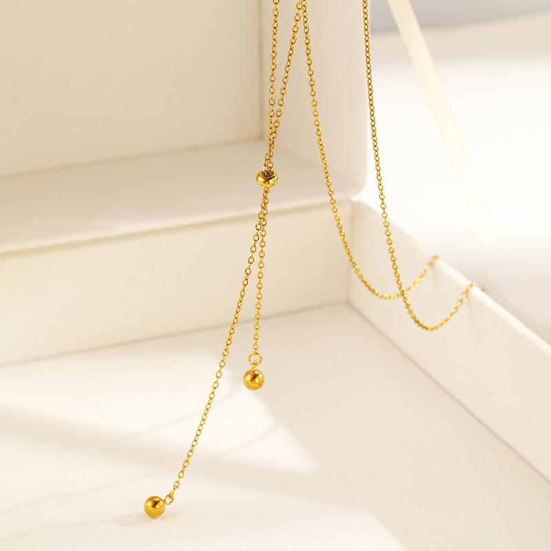 Korean Stainless Steel Y-Shaped Long Tassel Pendant Necklace for Women Simple Metal Ball Adjustable Sweater Chain Jewelry Gift