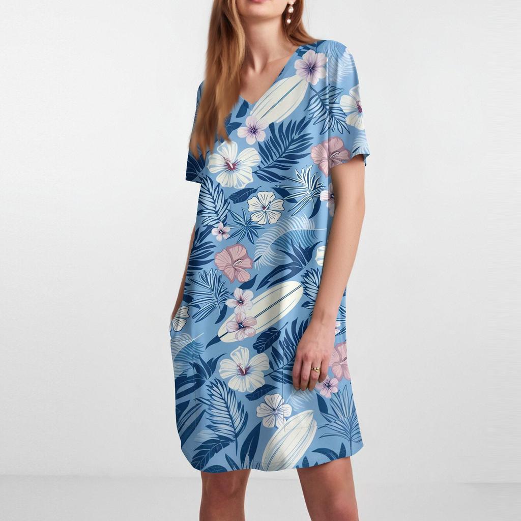 Damen Retro Blumen- und Blätterdruck V-Ausschnitt Midi Tasche Kurzarm Top