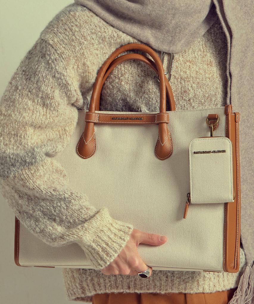 Saturday Eleven Two-Tone Canvas Leather Bridge Tote Bag _ Brown Ivory