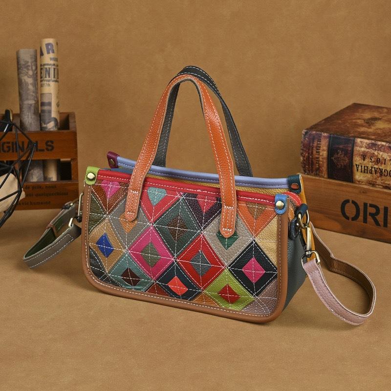 Johnature Borsa da Donna in Vera Pelle Retro Splicing Colore Casuale Borsa a Mano Versatile Morbida Pelle di Mucca Borsa a Spalla