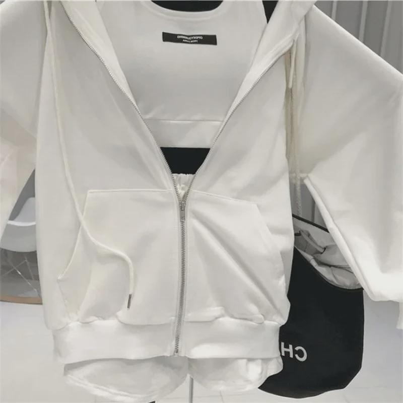 Women's Sporty Hooded Three-Piece Set: Spring & Autumn Casual Vest, Fitness Running Sweatshirt, and Shorts for a Youthful Look.