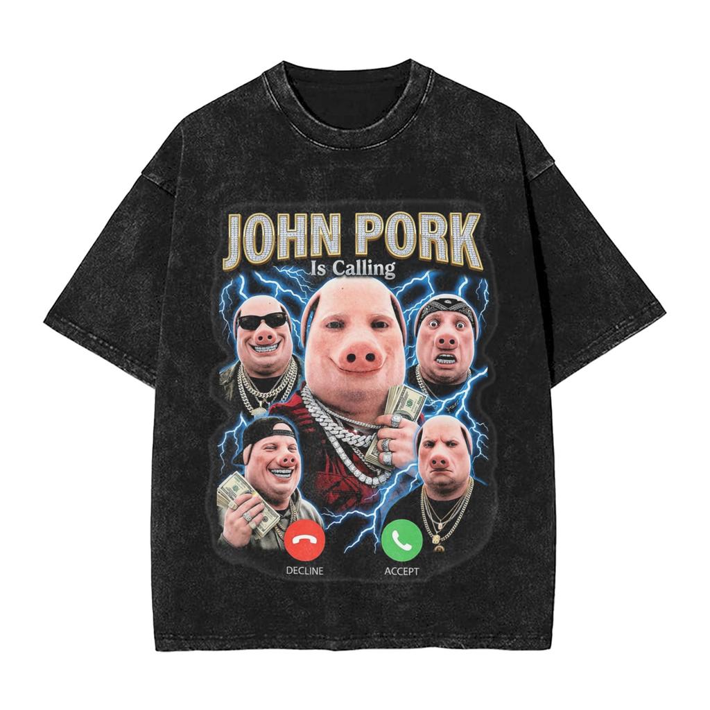 Vintage Washed Tshirt John Pork Holding Niche Ai Baby Funny Halloween Motion Meme Cotton Tshirts Trending Tshirt For Man