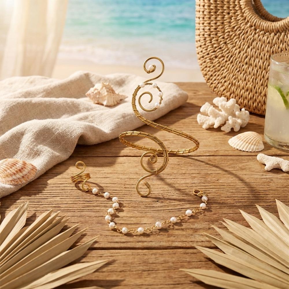Hollow Out Open Arm Bangle Boho Pearl Bracelet Vintage Arm Ring Beach