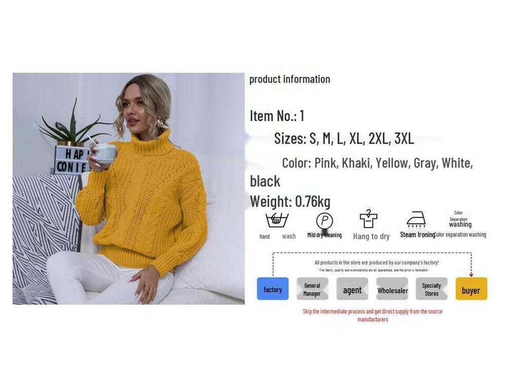 European & American Style Solid Color Cable Knit Turtleneck Sweater - Versatile Autumn/Winter Pullover