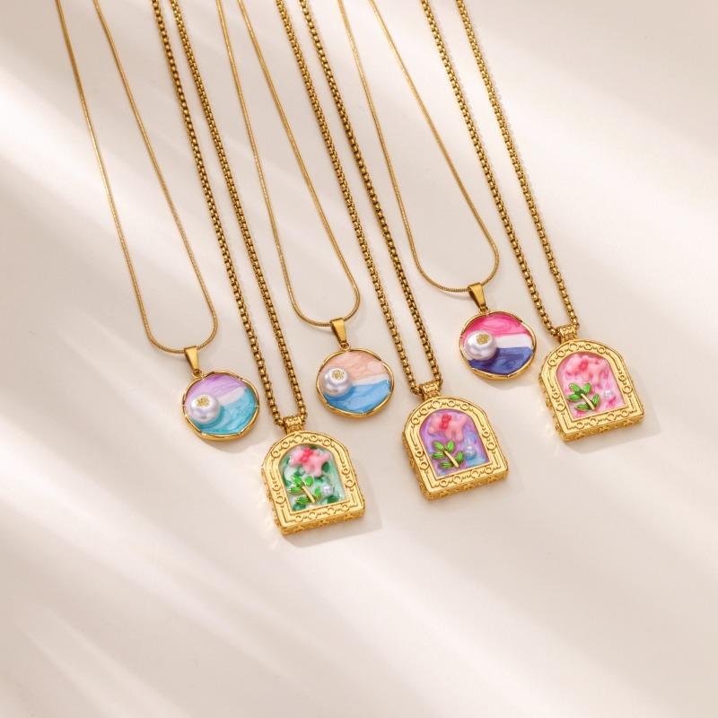 Color Oil Drop Pendant Necklace Women's Medieval Fashion Artificial Baroque Pearl Literary Retro Collarbone Chain