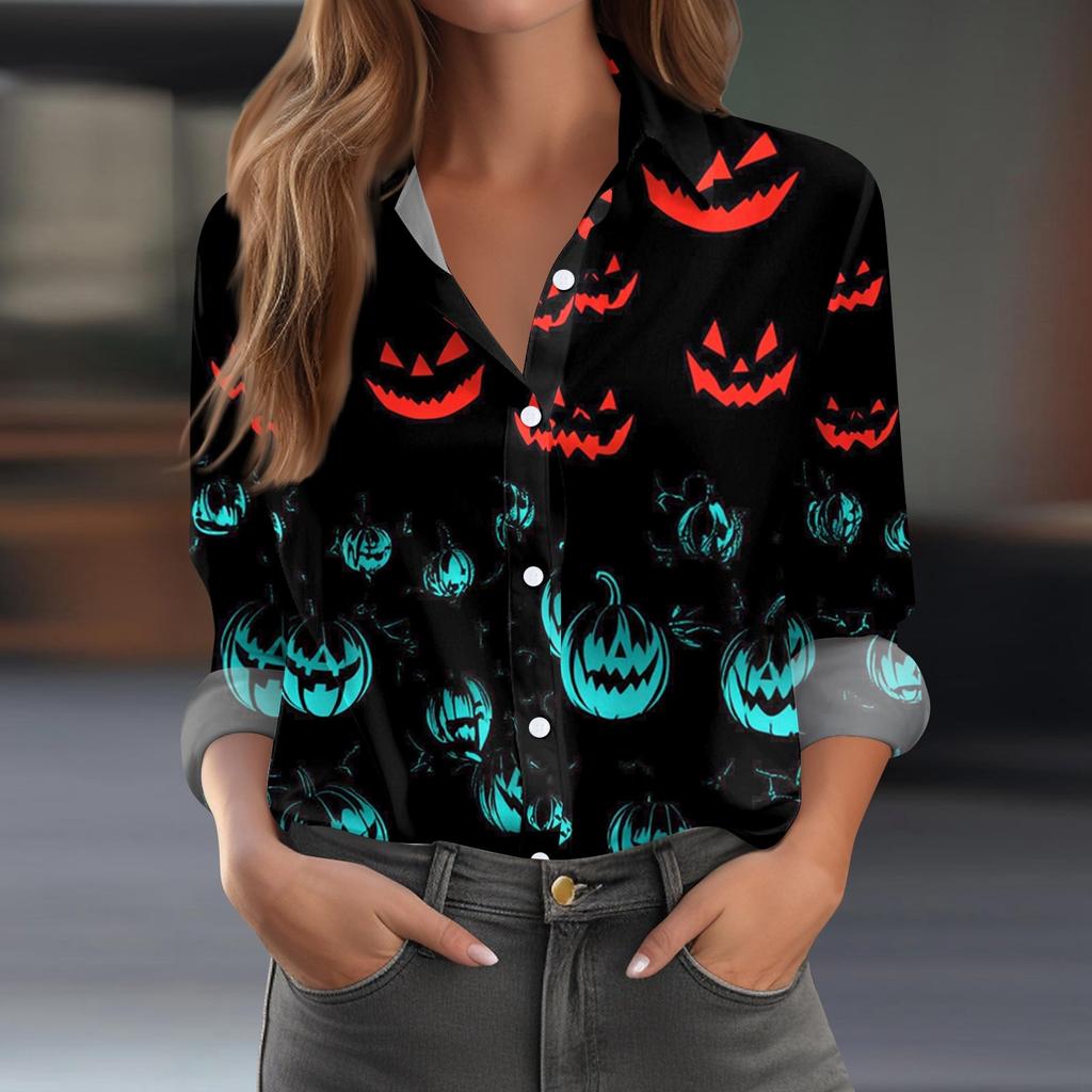 Damen Hemd Bluse Halloween Print Knopf Langarm Lässig Basic Hemdkragen Regulär Top
