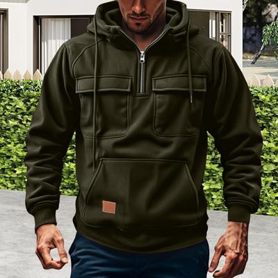 Men Hoodie Zipper Half Placket Hooded Drawstring Long Sleeve Sport Tops with Pockets Solid Color Multi-Pocket Design Warm Sweatshirt