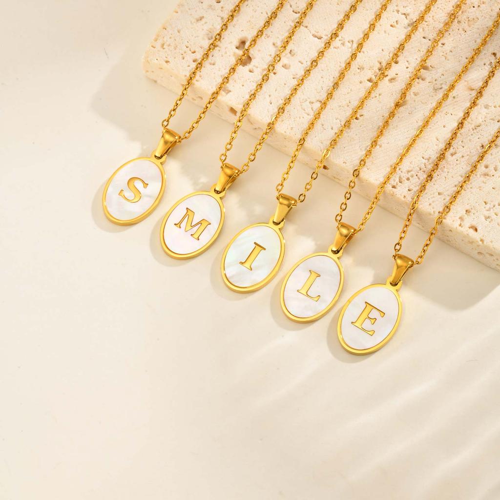 Stainless Steel Oval White Shell Letter A-Z Initial Pendant for Women,Gold Plated 26 Letters Necklaces,Trendy Jewelry Gift