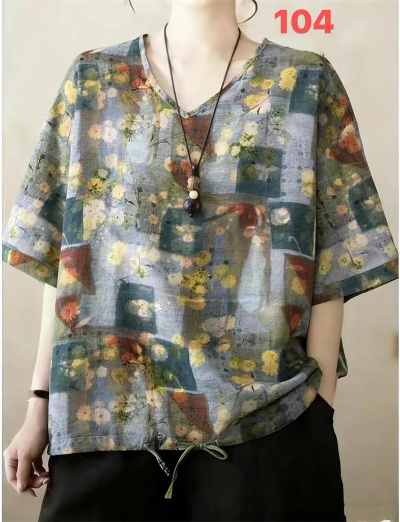 Summer Printed Short-sleeved T-shirt V-neck Cotton and Linen Loose Large-size Women's Top T-shirt Cotton and Linen Shirt