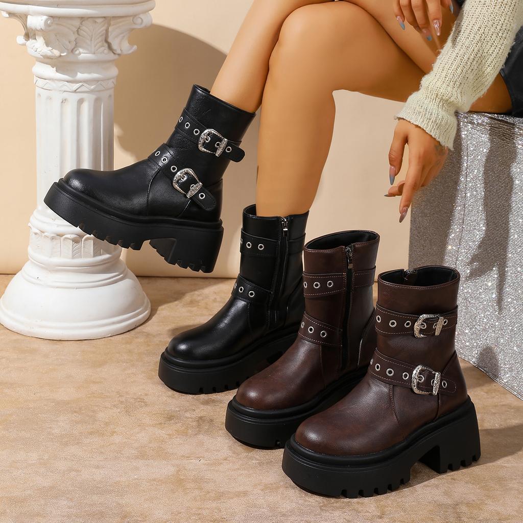 Women's Chunky Sole Ankle Boots Zipper & Side-Zip Combat Boots Winter Fleece-Lined Booties Versatile Leather Boots Platfo 65