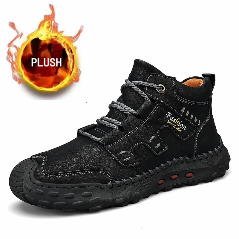 Microfiber Leather Men Boots Outdoor Sports Non-slip High-top Hiking Shoes for Men Optional Plush Winter Ankle Boots Big Size