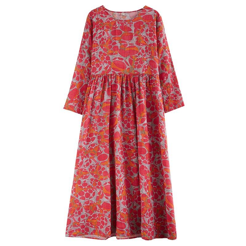 Spring Autumn Floral Print Round Neck Retro Loose Long Dress Long Sleeve Cotton Linen Dress Women's Clothing