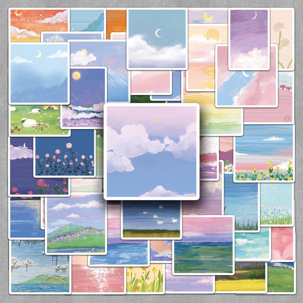 50-Piece Landscape Oil Painting Stickers: Outdoor Scenery DIY Art for Milk Tea Cups & Notebooks