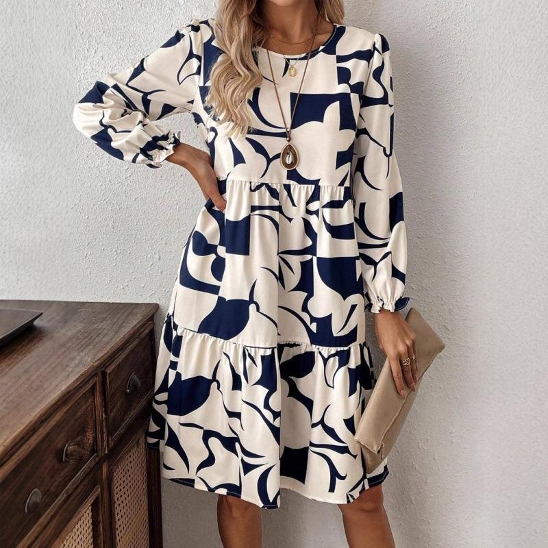 2026 European and American women s clothing explosive new mid-skirt printed round neck long-sleeved commuter dress S