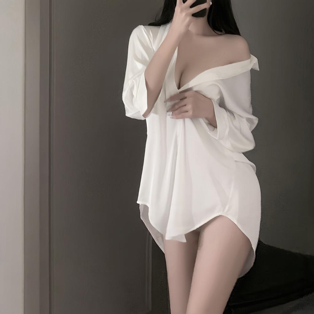 Sexy satin silky feel boyfriend style sexy underwear pure lust style loungewear white shirt slim fit slim shirt