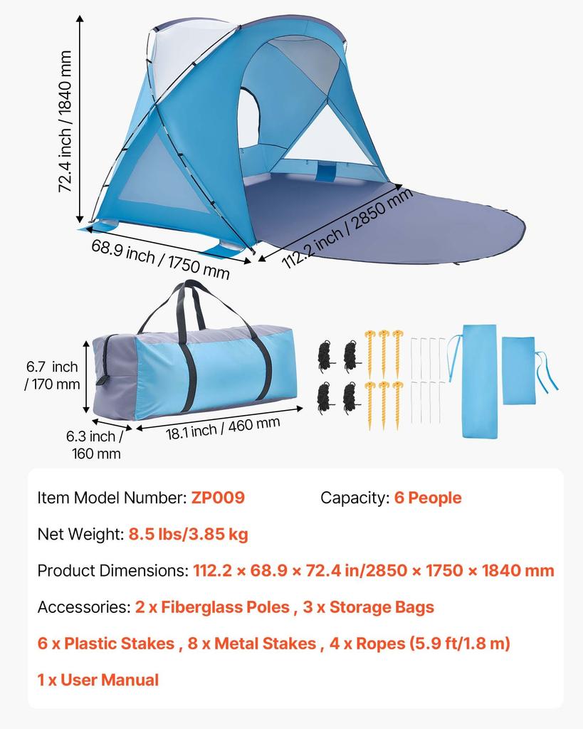VEVOR Beach Tent Sun Shelter for 6 Person, UPF 50+ Protection, Portable Sun Shade Canopy with Carrying Bag & Sand Pockets