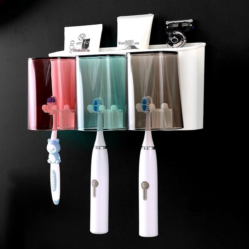 Wall-Mounted Multi-Toothbrush Holder with Punch-Free Base and Toothpaste Storage