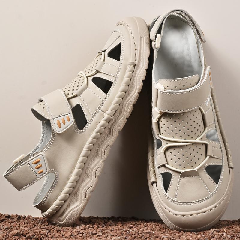 Summer Men's Leather Sandals Handmade Outdoor Ventilated Beach Slides Non-Slip Sole Casual Shoes