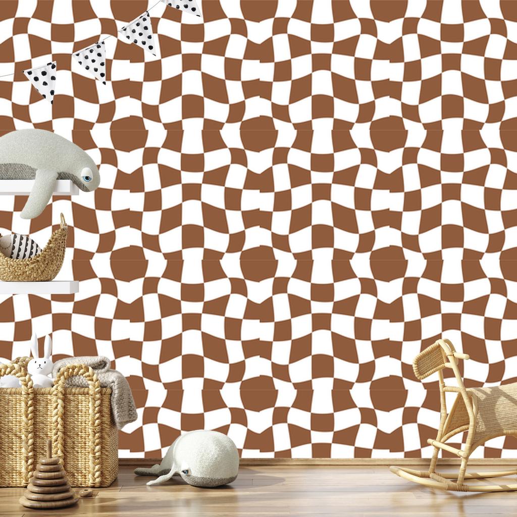 Wallpaper Casual Checkerboard Orange, White and Beige 50x1000