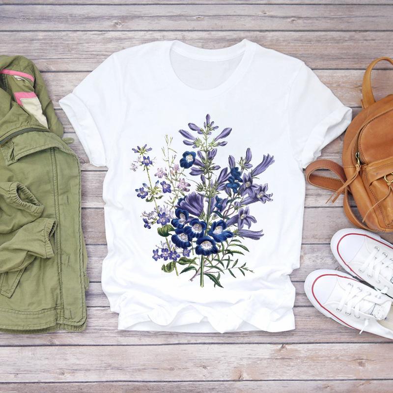 Summer Round Neck Floral Print Top Fashionable Casual Short Sleeved Women's Pure Cotton T-shirts