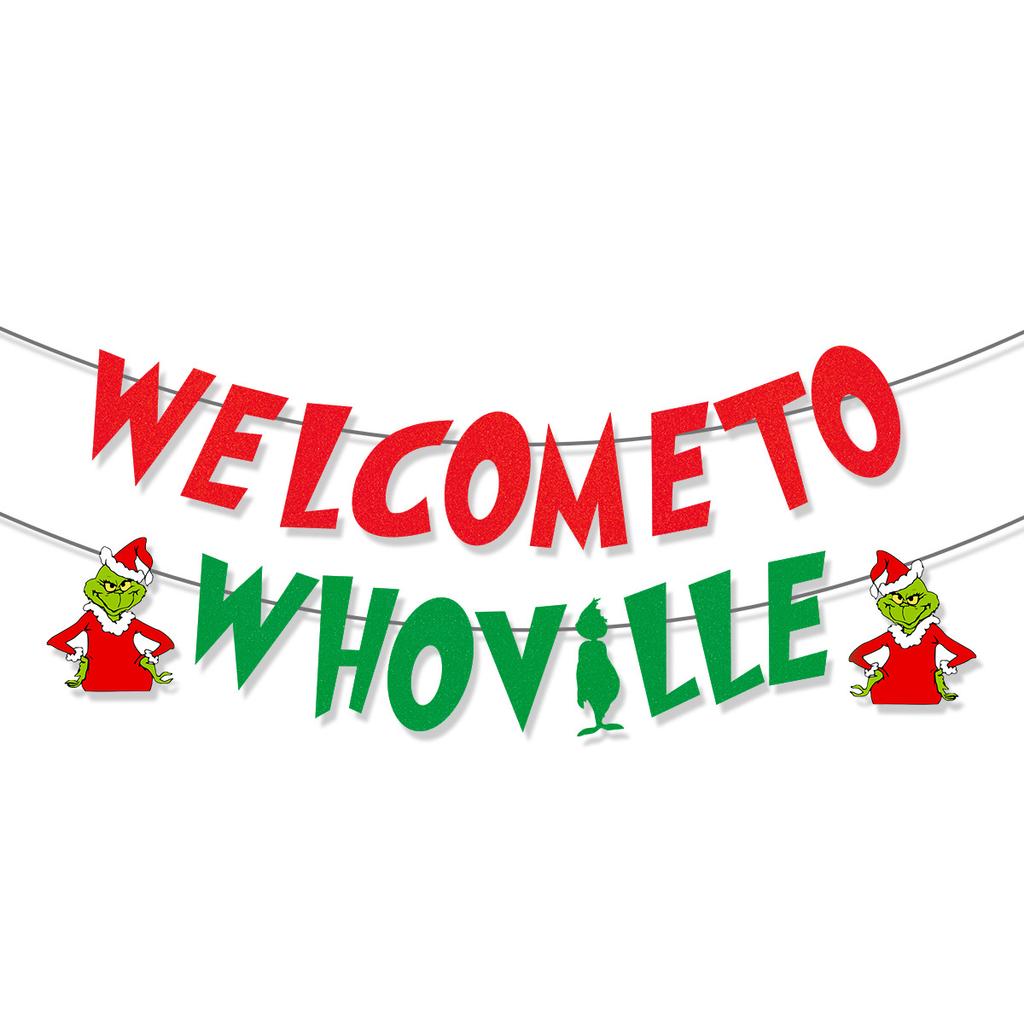 Christmas Grinch Theme Decorative Letter Flag Latte Flower Spiral Pendant Set Customization