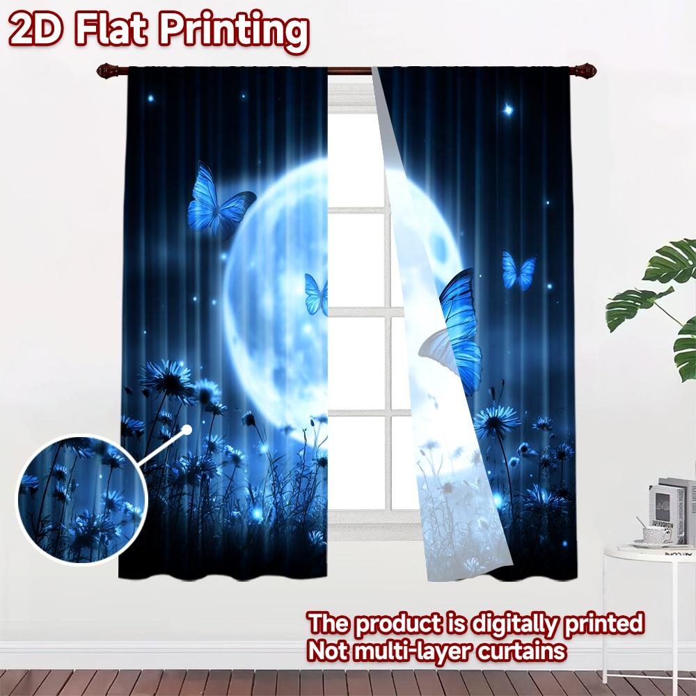2D flat printing 2pcs Window Drapes Blue Butterflies Moonlit Meadow Digital Printed Polyester Drapes Family Party for Holiday