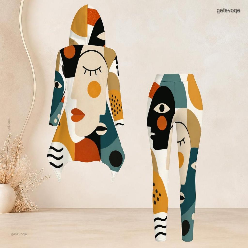 Women Plus Size Hooded Long Sleeve Printed High Low Top Fitted Pants Two Piece Set