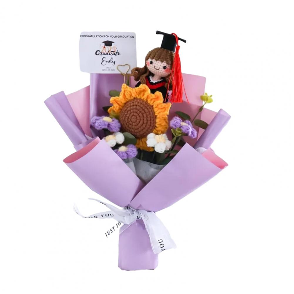 Woven Flower Bouquet Handmade Crochet Graduation Bouquet with Doll Artificial Sunflower Puff Flowers 2026 Grad Party Gifts
