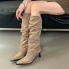 2025 new pointed thin heel pleated western cowboy boots autumn and winter new stacking boots high heel but knee boots