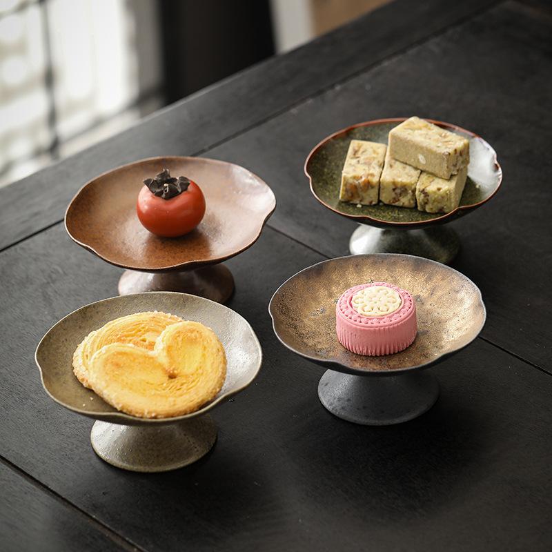 Handmade Ceramic Japanese Style High Foot Fruit Plate Chinese Snack Dish Small Tea Tray