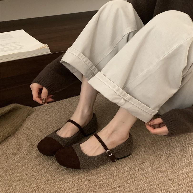Classic single shoes light and comfortable low heel light mouth suede one-word buckle rubber round head small leather shoes women