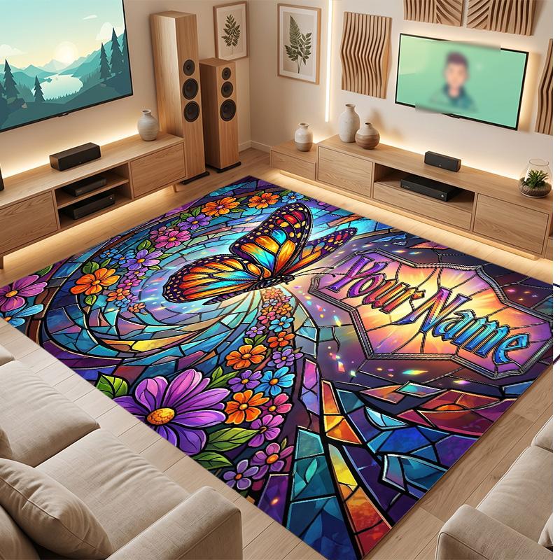 Floral Garden Theme Soft Crystal Velvet Rug Custom Name & Text Print Non Slip Floor Rug for Bedroom Living Room
