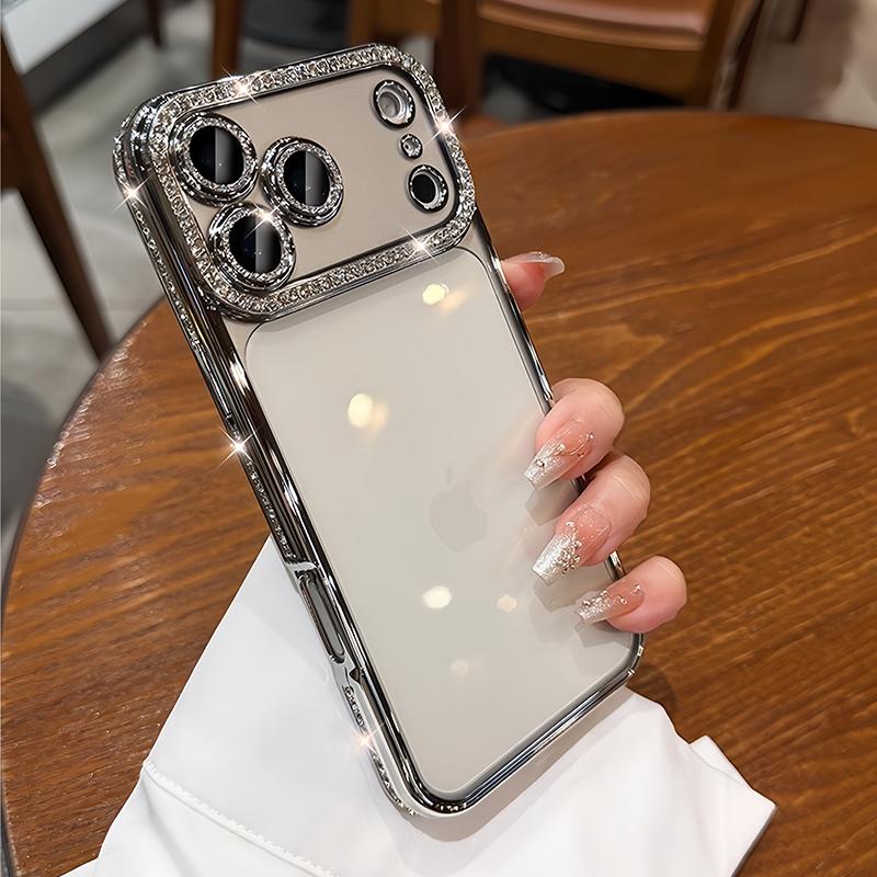 Luxury Bling Crystal Lens Film Phone Case for 11 12 13 14 15 16 17 ProMax Plus Air Clear Shockproof Silicone Bumper Cover