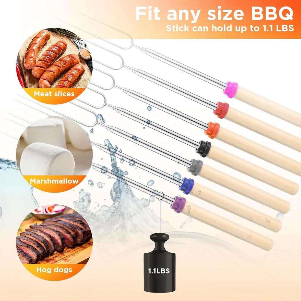 10pcs Telescoping Barbecue Fork Stainless Steel Double Metal Skewers Campfire Hot Dog Roasting Stick Smores Skewer for Camping