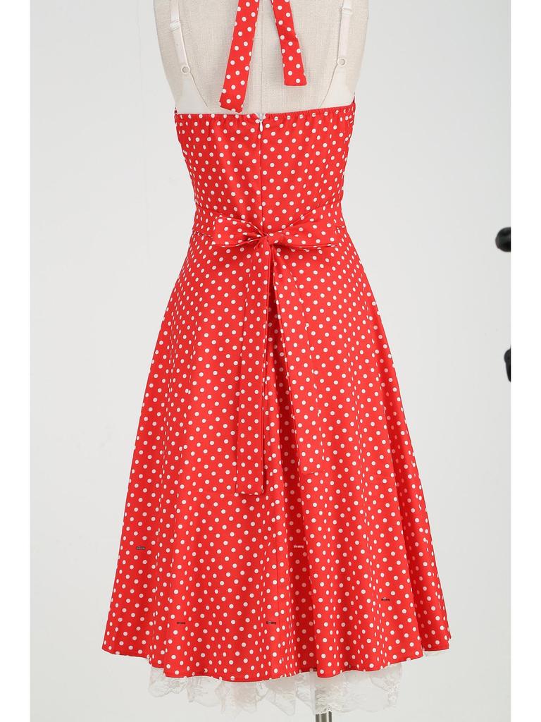 2023 Retro Polka Dot Halter Neck Backless Waist-Cinched Flare Skirt