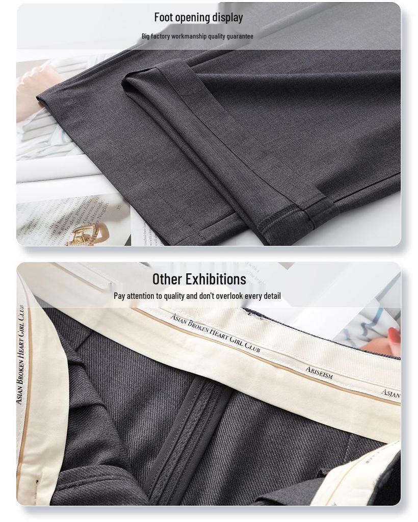 Women's Grey Wide-Leg Suit Pants for Spring 2025 - Casual, Draped, Loose-Fit, Slimming, Straight-Leg Style for Spring and Autumn.