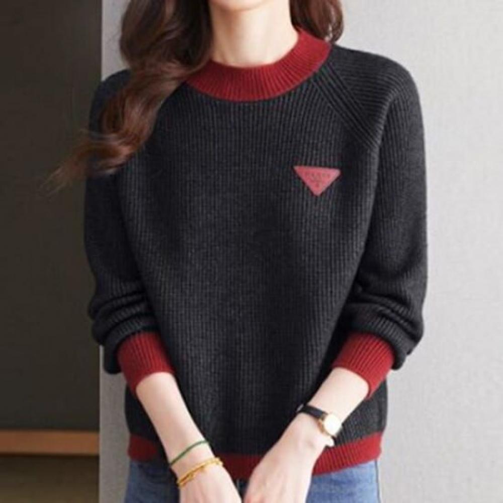 Navava Women Label Ribbed Hem Point Color Long Sleeve Knit Nk3391