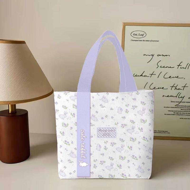 1 Pcs Cute Rabbit Canvas Bag Floral Cartoon Tote Bag Large Capacity Reusable Lunch Bag Work